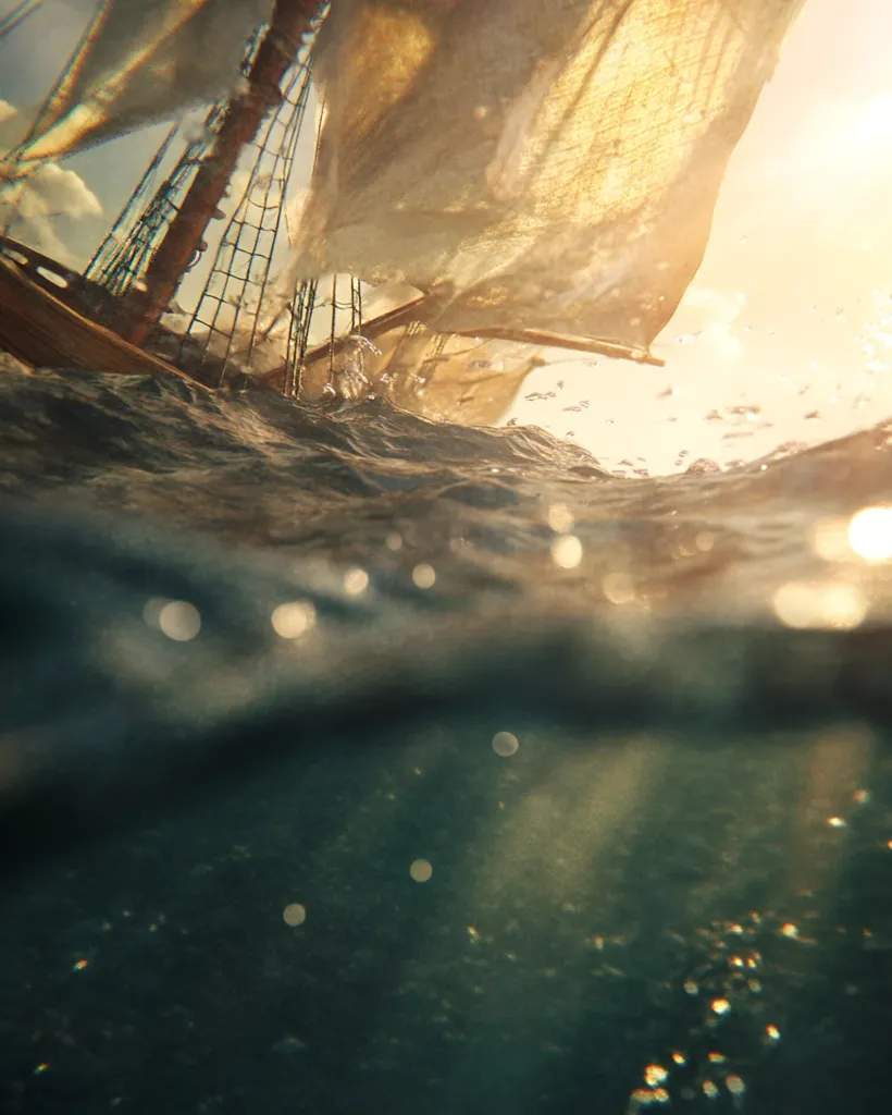 The image shows a sailboat from an underwater perspective. The sails are billowing in the wind, bathed in warm sunlight. The water surface is rippling with tiny waves, creating a shimmering effect. The sunlight pierces through the water, casting a hazy, golden glow on the scene. The image evokes a sense of serenity and wonder.