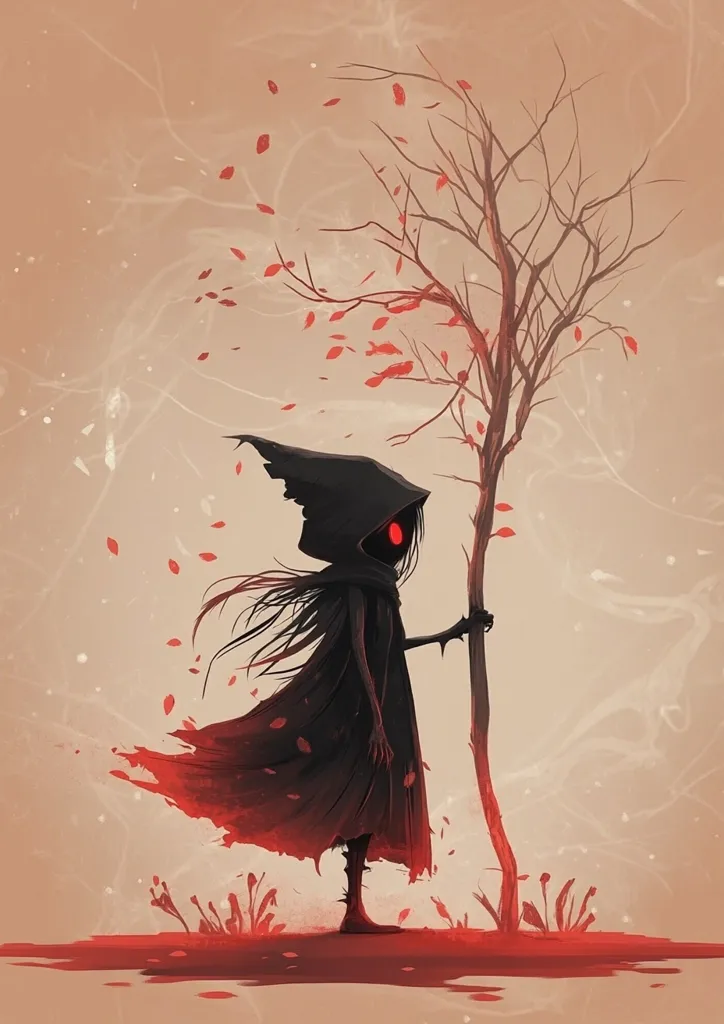 The image depicts a shadowy figure with glowing red eyes standing in front of a bare, skeletal tree. The figure is wearing a long, black cloak and holding a staff. The background is a muted red and brown, with a few scattered leaves. The overall tone of the image is dark and mysterious. The figure's piercing gaze and the bare tree create a sense of foreboding. The red hues suggest a connection to blood or danger. The overall feeling is one of isolation and mystery.