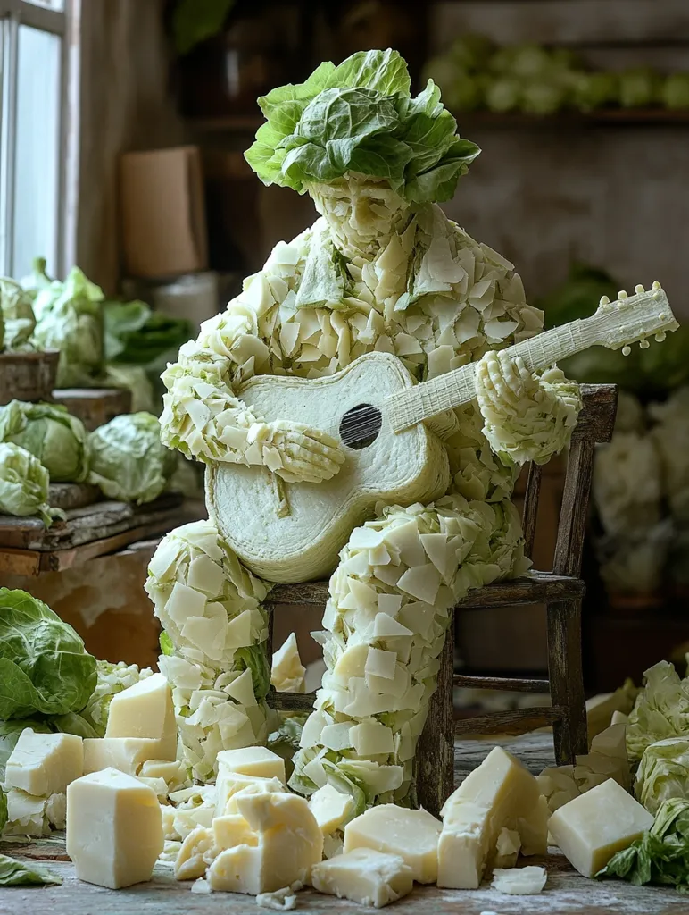 A sculpture of a person made entirely of cabbage and cheese sits on a wooden chair. The person is playing a guitar also made of cabbage and cheese. The sculpture is surrounded by other pieces of cabbage and cheese. The background is a rustic kitchen setting. The overall image is whimsical and creative.