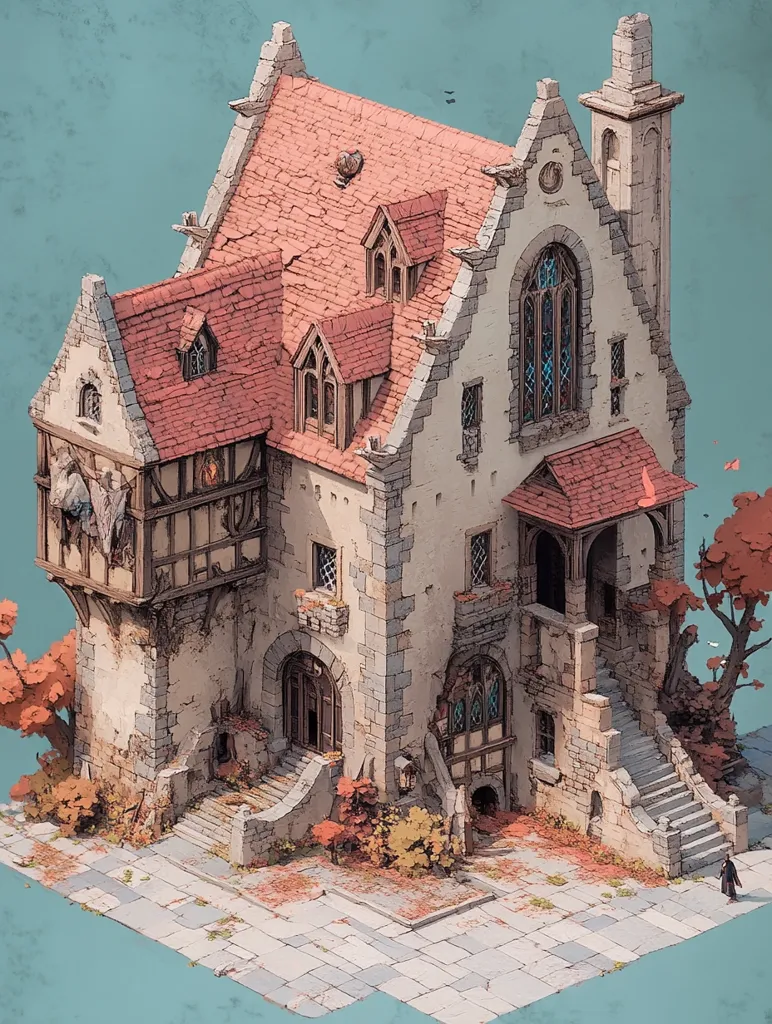A charming, weathered stone house with a red tile roof stands on a cobblestone square. The building has a tower with a pointed roof and a large arched window with stained glass. It features multiple levels, arched doorways, and a small balcony with stone railing. Autumn leaves are scattered around the house and on the square. A single figure walks away from the house, adding to the quiet, almost magical atmosphere.