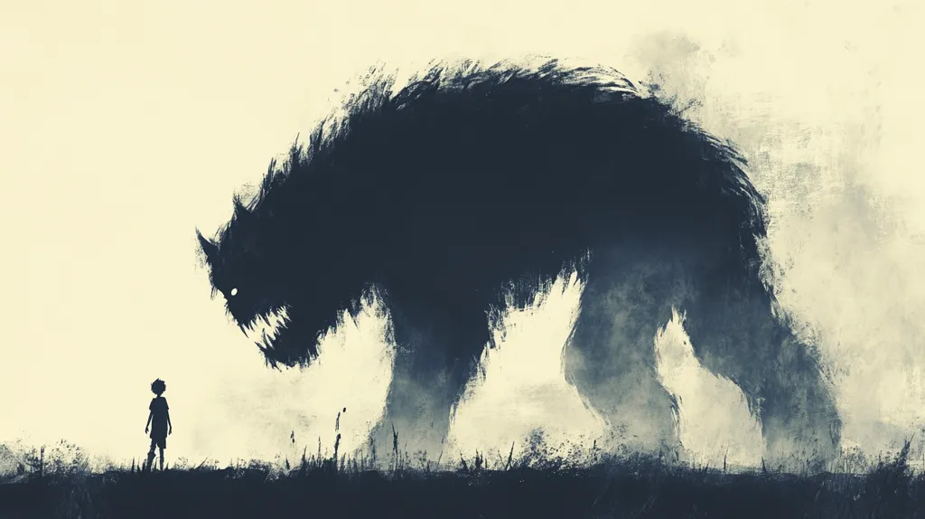 The image depicts a solitary figure standing before a large, shadowy beast. The figure is small and silhouetted, emphasizing the creature's immense size. The beast's features are obscured by darkness, creating an unsettling atmosphere. The background is a light, hazy wash of color, further enhancing the contrast between the figure and the beast. The scene suggests a confrontation, perhaps a moment of fear or anticipation, leaving the viewer to ponder the outcome.