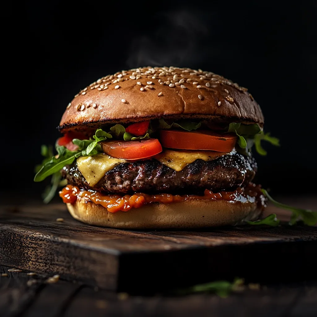 A juicy burger with a perfectly cooked patty, melted cheese, fresh tomato slices, lettuce, and a generous dollop of sauce, sits on a wooden board. The burger is steaming, suggesting it was just made and ready to be enjoyed. The dark background emphasizes the vibrant colors of the ingredients.