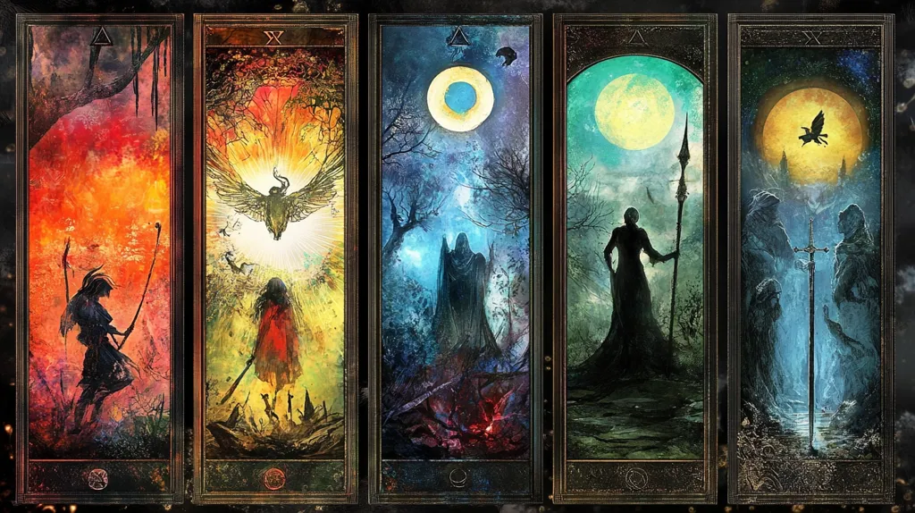 The image depicts five tarot cards, each encased in a dark wooden frame. The cards depict scenes from a fantasy world, including a fiery landscape, a winged creature, a dark forest, a figure with a spear, and a scene with a sword. The cards are richly colored and full of detail, suggesting a mysterious and captivating world.