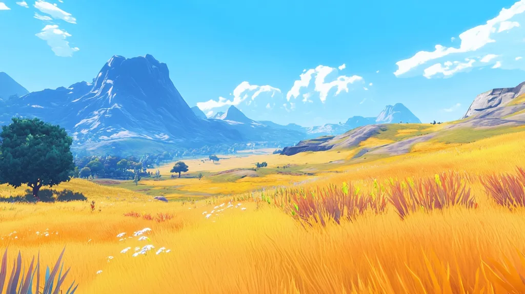 A vast, golden field stretches out before a backdrop of majestic, blue mountains. The sky is a clear and vibrant blue, dotted with fluffy white clouds. A lone tree stands tall in the foreground, its shadow cast across the grass. The scene evokes a sense of peace and tranquility, with the colors and shapes of the landscape creating a harmonious composition.