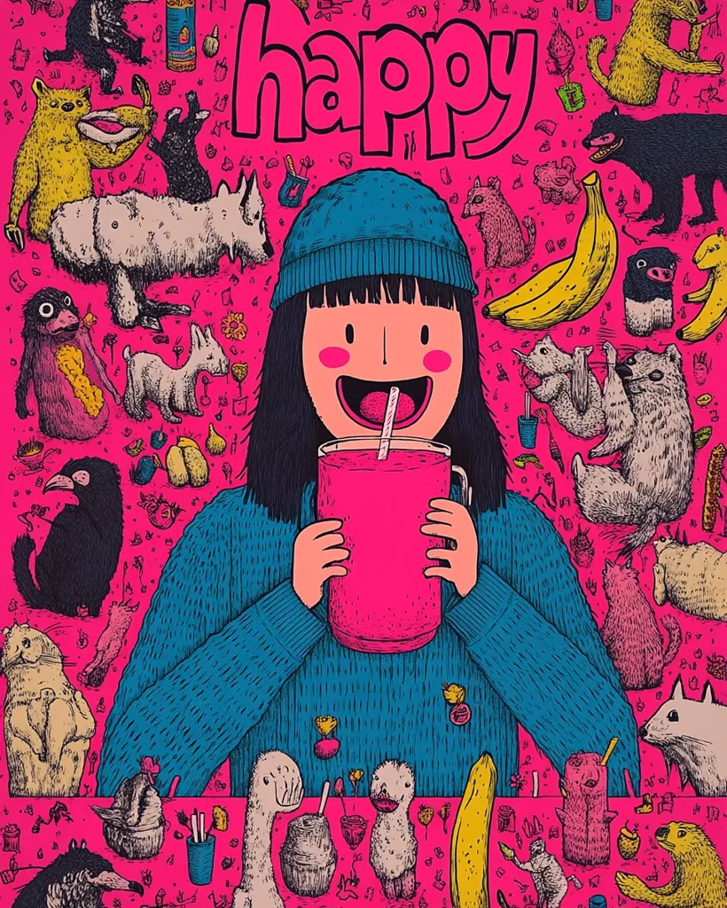 The image depicts a cartoon character wearing a blue sweater and a blue beanie drinking a pink smoothie. They are surrounded by various other cartoon creatures and objects, including animals, bananas, and drinks. The word "happy" is written in large letters at the top of the image. The overall tone of the image is bright and cheerful.