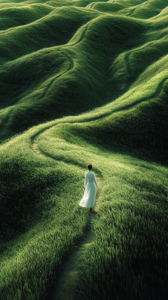 A lone figure in a white dress walks along a winding path through a field of lush green grass. The path snakes its way through rolling hills, creating a picturesque and tranquil scene. The image evokes a sense of solitude and contemplation, as the figure disappears into the vast expanse of nature. The soft light bathes the landscape in a warm glow, highlighting the beauty of the natural world.
