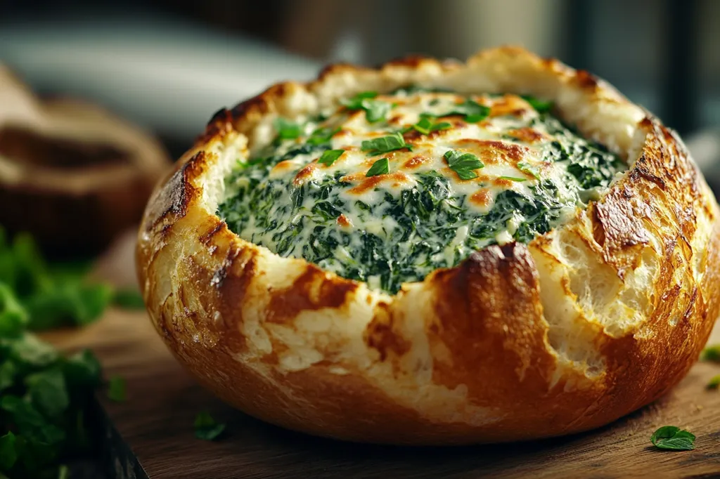 A close-up shot of a bread bowl filled with a creamy spinach and cheese mixture. The bread bowl is slightly toasted and the spinach filling is topped with fresh parsley. The bowl is resting on a wooden surface with some sprigs of fresh parsley scattered nearby. The image highlights the deliciousness of the dish and its warm, comforting nature.