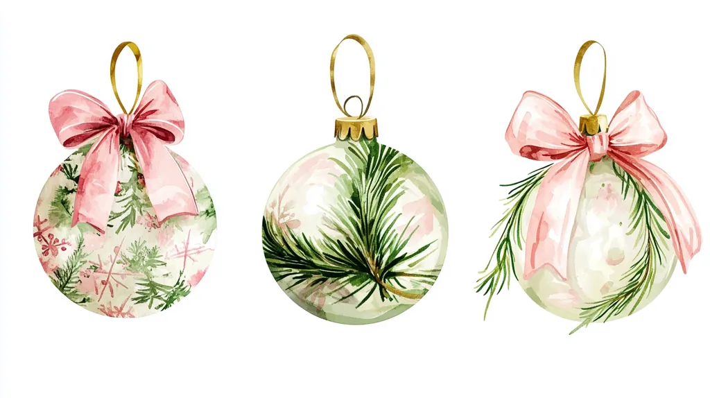 The image features three watercolor Christmas ornaments. Each ornament is white and decorated with green pine branches and a pink bow. The bows are tied in different styles. The ornaments are isolated on a white background. The image is a simple and elegant representation of Christmas decorations.