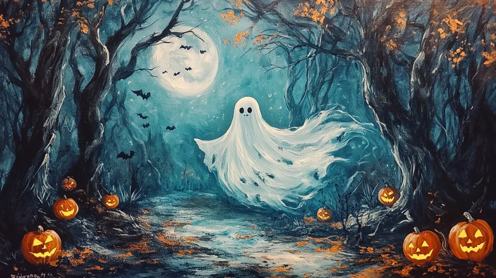 A ghostly figure floats through a dark, moonlit forest. The trees are tall and twisted, with branches reaching out like skeletal fingers. Jack-o'-lanterns with glowing faces sit on the forest floor. Bats fly through the air, adding to the spooky atmosphere. The scene is painted in a vibrant, almost surreal style.