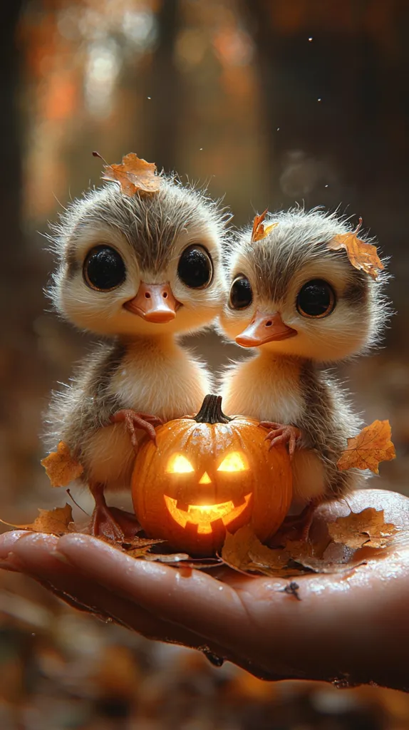 Two adorable ducklings with large, expressive eyes are perched on a hand, holding a glowing jack-o-lantern pumpkin. The scene is set in a warm, autumnal forest, with fallen leaves scattered around them. The image is charming and whimsical, capturing the spirit of Halloween.