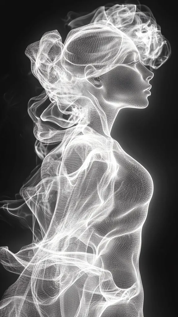 A ghostly figure of a woman is depicted in the image. Her form is made up of wispy, ethereal lines that resemble smoke or vapor. The figure appears to be floating or dissolving, creating a sense of mystery and otherworldliness. The overall composition is abstract and evocative, suggesting a connection to the spiritual or supernatural. The use of black and white enhances the contrast and emphasizes the ghostly nature of the subject.