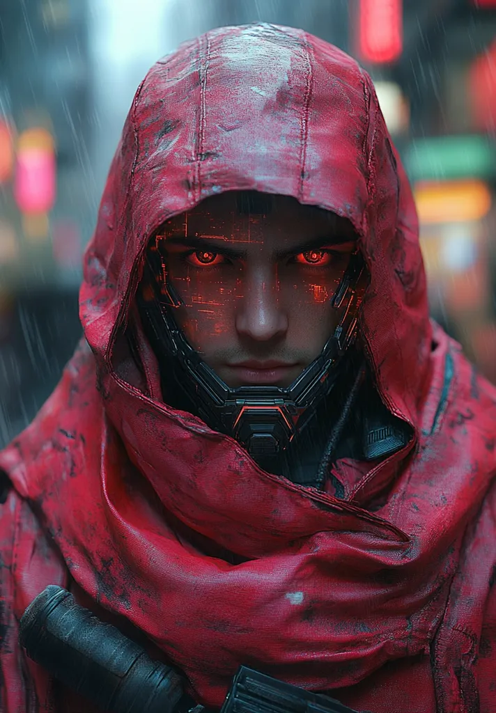 A cyberpunk character with red glowing eyes and a red hooded jacket stares intensely at the camera. The image is stylized and gritty, with rain falling in the background. The character's face is obscured by a black helmet, but their eyes and determined expression are clear. The red hood and the black helmet create a stark contrast, making the character appear mysterious and menacing.