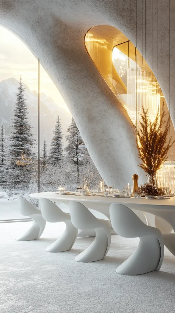 A modern dining room with a long, white table and curved, white chairs. The room is bathed in natural light from a large window overlooking a snowy forest. The ceiling is made of curved concrete, creating a unique and futuristic aesthetic. The centerpiece of the table is a tall, gold vase with dried flowers.