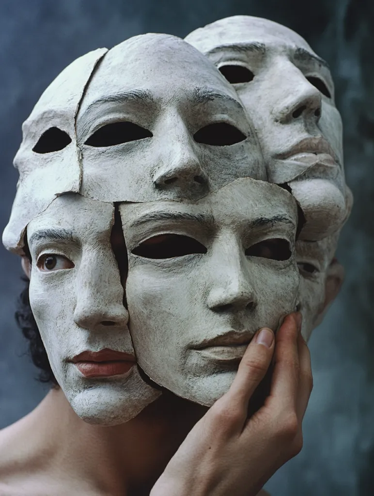 A person is wearing multiple white masks that are cracked and broken, obscuring their true face. The hand delicately holds the masks, suggesting a struggle to maintain a facade or a fragmented sense of identity. The muted background and the solemnity of the expression add to the sense of mystery and contemplation.