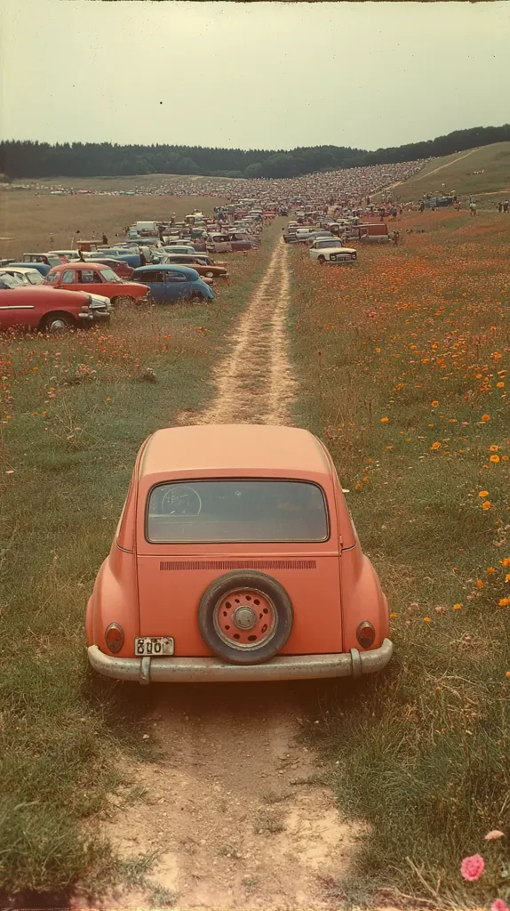 A bright orange vintage car sits on a dirt road surrounded by green grass and wildflowers.  The car is facing towards a large crowd of people in the distance.  The photo is taken from a low angle and the car takes up most of the frame.  The bright orange of the car contrasts with the muted tones of the grass and sky.