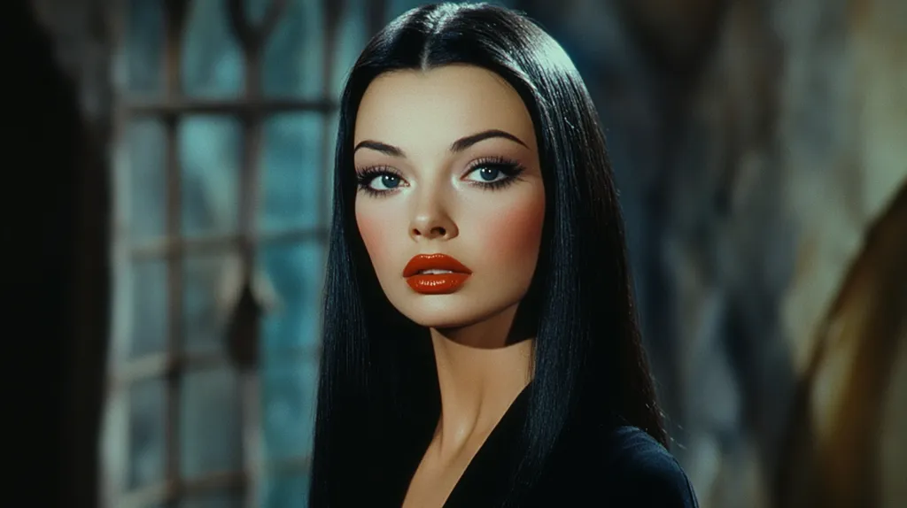 A woman with long black hair and dark eyes stares intensely at the camera. She is wearing a black dress and has red lipstick on. The background is out of focus, but a window with a grid pattern can be seen.  Her expression is enigmatic and alluring.
