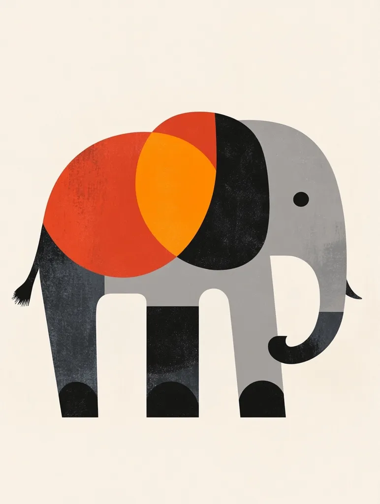The image is a stylized illustration of an elephant in a minimalist style. The elephant is rendered in a simple geometric form, with a gray body, black legs and ears, and a bright red and orange circle on its back. The design has a vintage, graphic quality, evoking a sense of simplicity and playfulness. The background is a plain off-white, creating a stark contrast with the elephant's bold colors.  The overall effect is visually appealing and somewhat whimsical.