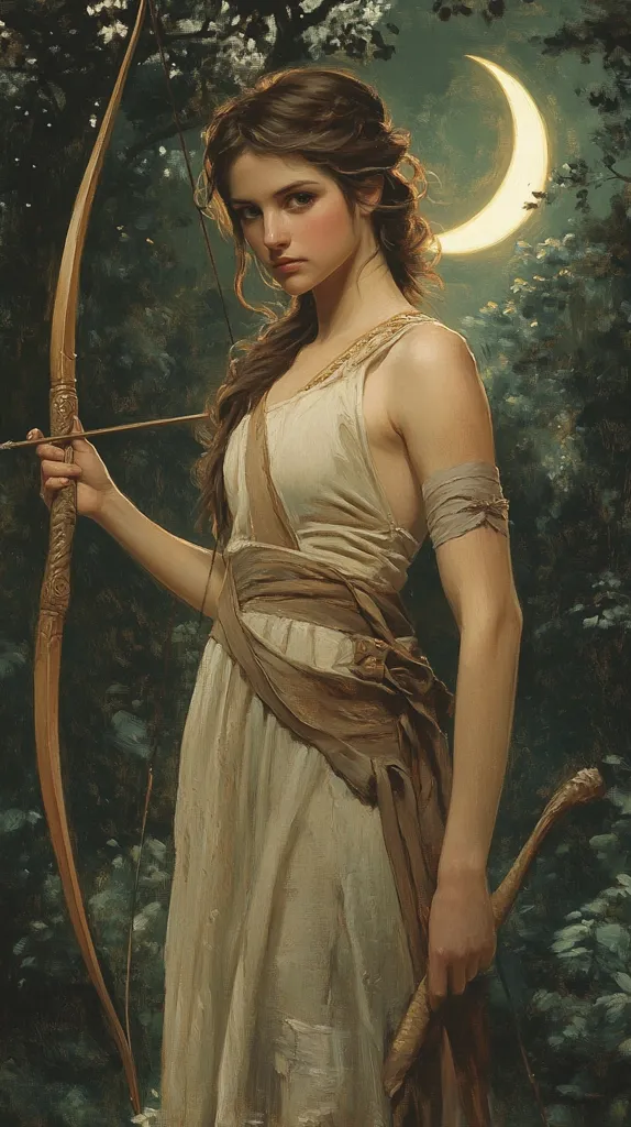 A woman with long brown hair stands in a forest holding a bow and arrow. She is wearing a flowing white dress with a brown sash and a leather cuff on her arm. Her expression is serious, and she looks to be ready for battle. A crescent moon hangs in the sky above her. The image is painted in a realistic style with soft lighting.