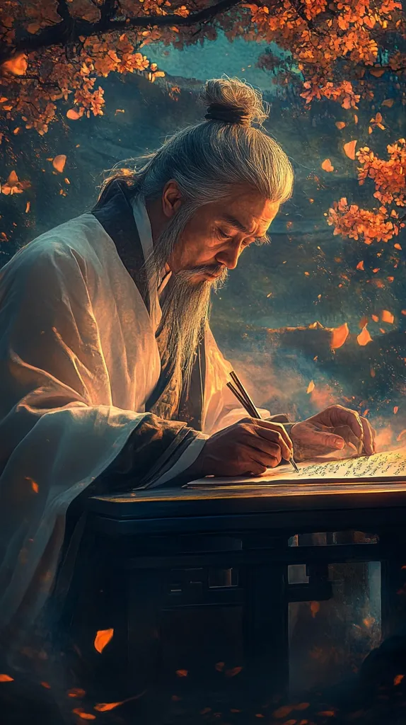An elderly man with long white hair and a beard sits at a table, writing with a brush. He is wearing traditional Chinese clothing and is surrounded by a mystical, autumnal atmosphere. Falling leaves and a soft glow illuminate the scene, suggesting a sense of wisdom and contemplation. The image evokes a sense of ancient tradition and the power of writing.