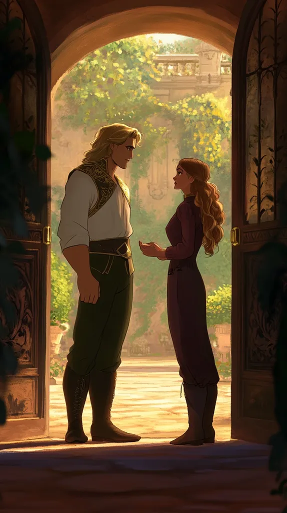 A man and a woman stand facing each other in a doorway. The man is tall with long blond hair and is dressed in a white shirt, green pants, and brown boots. The woman is wearing a long purple dress and has long brown hair. The doorway is ornate and leads into a garden with a building in the background. The sun shines brightly on the scene, casting long shadows. The man appears to be holding out his hand to the woman.  They both seem to be in a romantic moment.