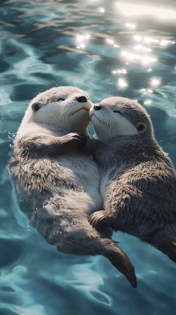Two otters are cuddled together in the water, their fur glistening in the sunlight. The otters are positioned with their heads resting on each other's backs, their eyes closed as if they are sleeping. The water is a shimmering turquoise, reflecting the sunlight and creating a peaceful atmosphere. The otters' soft fur and cuddly posture evoke a sense of warmth and love. The image is a beautiful depiction of the bond between these adorable creatures.
