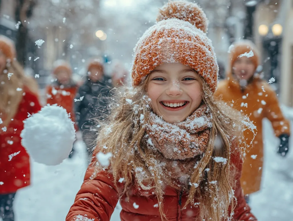 A young girl with long blonde hair, wearing a red coat and an orange knitted hat and scarf, is laughing as snow falls around her. She is surrounded by friends in the background, some of whom are throwing snowballs. The scene is filled with joy and the spirit of winter fun.