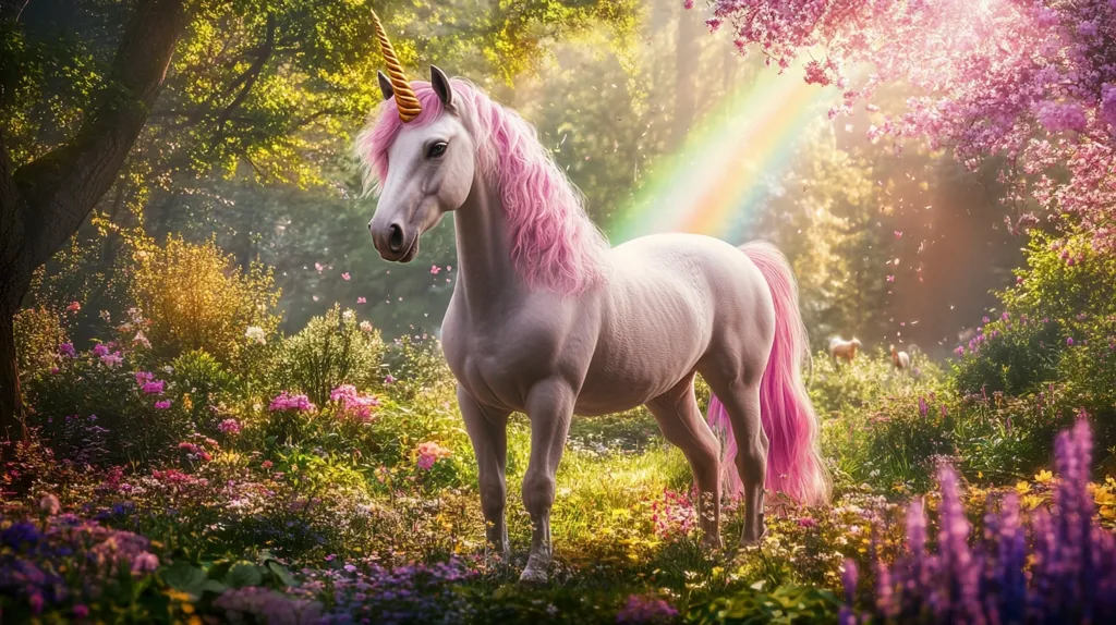 A white unicorn with a pink mane and tail stands in a field of vibrant flowers. A rainbow arcs in the background, while a soft sunlight bathes the scene. The unicorn's golden horn shines, and its eyes sparkle with an ethereal glow. The image evokes a sense of wonder and magic, transporting the viewer to a whimsical realm.