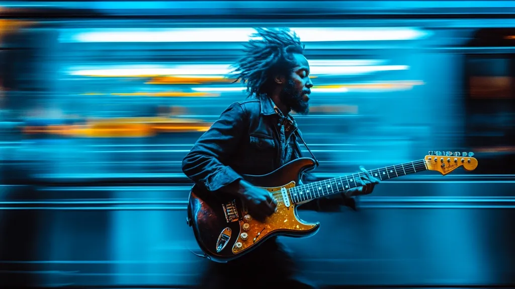 A man with long dreadlocks plays an electric guitar in front of a blurred background of a train station. The blue and yellow light creates a dynamic and energetic atmosphere, emphasizing the musician's passion and the fast-paced nature of the scene.  The image evokes a sense of movement and energy, capturing the artist's expression through their music.