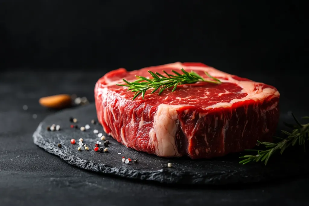 A raw ribeye steak sits on a black slate cutting board, garnished with rosemary sprigs. The steak is a rich red color, marbled with white fat. It is seasoned with salt and pepper. The dark background emphasizes the vibrant color of the steak. The image evokes a sense of high-quality ingredients and gourmet cooking.
