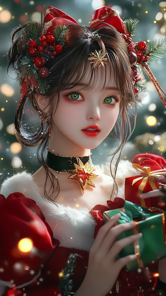 Reimagine the character Juneping as a fully human, realistic female K-pop idol with a festive, joyful personality. Her hair should be styled in bright, bold red, with a playful, ribbon-like shape resembling her original design. Incorporate holiday-themed accessories, such as a star-shaped hairpin or a small, decorative gift box, reflecting her festive and gift-giving nature. Her outfit should feature green and red tones, with elegant and playful details, similar to holiday decorations. Her eyes should be a bright, cheerful green, radiating happiness and warmth. Focus the image on her upper body, capturing her in a joyful, excited pose, perhaps holding a small gift to highlight her giving nature. The background should feature glowing, festive elements like lights, stars, and wrapped presents, creating a warm, celebratory atmosphere. The lighting should highlight the vibrant colors of her outfit and accessories, making her appear polished, lifelike, and full of holiday cheer., --ar 9:16 --v 6.1