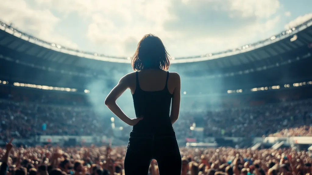 A young woman with short black hair stands silhouetted against a large stadium crowd. She wears a black tank top and jeans and faces away from the camera, her arms at her sides. The stadium is filled with spectators, but only the silhouettes are visible. The sun shines brightly above, partially obscured by clouds. The woman appears to be a performer or a celebrity, facing the crowd in anticipation of performing.