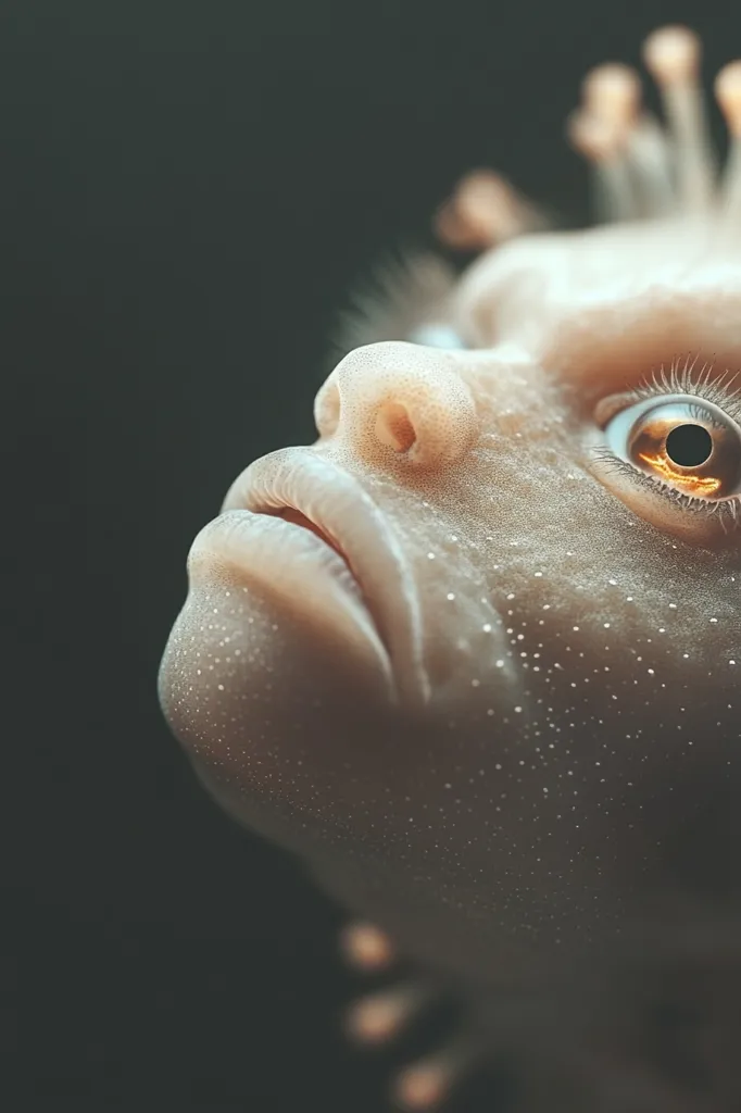 The image shows a close-up of a person's face, with their mouth slightly open and their eyes looking upwards. Their skin is textured with small bumps and the lighting creates a soft glow around their eye. The background is blurred, emphasizing the focus on the face. The image evokes a sense of wonder and curiosity.