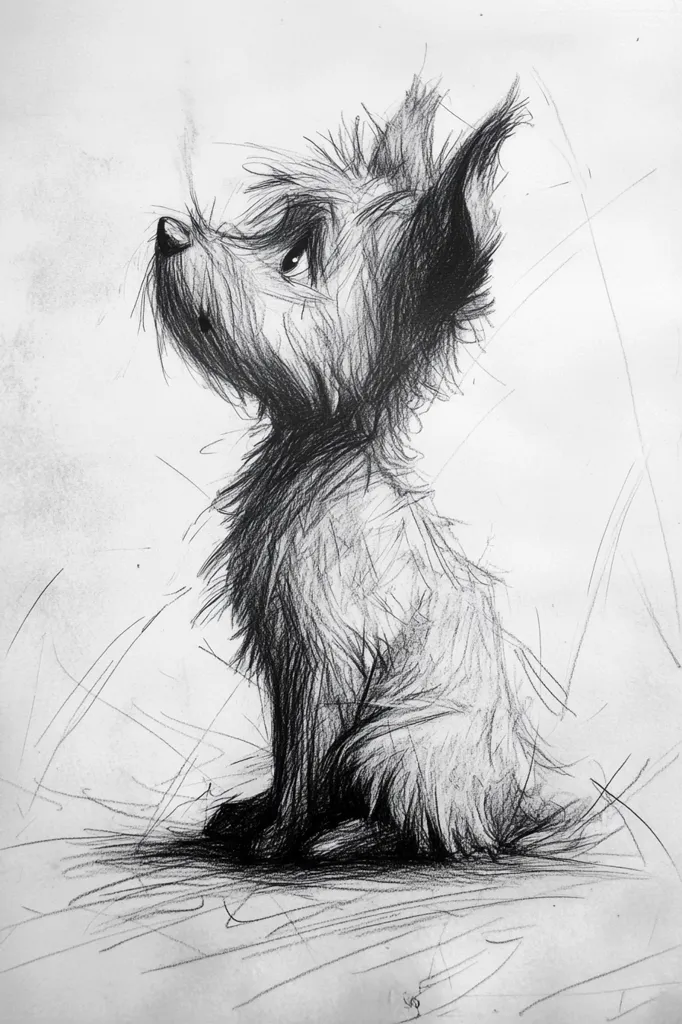 A black and white pencil sketch of a small dog sitting with its head tilted upwards. The dog has a shaggy coat, a long snout, and big ears. It appears to be looking up at something off-screen. The drawing is done in a slightly abstract style, with the lines representing the fur being long and flowing. The background is a simple white paper with some light shading.  The overall effect is one of whimsy and charm.