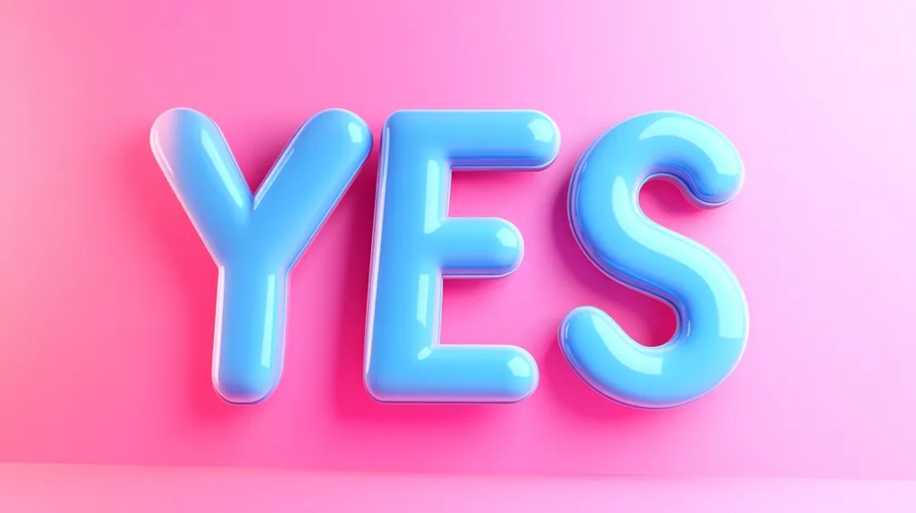 The word "YES" is spelled out in large, 3D, blue, glossy letters against a pink background. The letters appear to be inflated, like balloons. The image is simple and playful, with a vibrant color scheme.  The letters are positioned on a pink surface that fades to a lighter pink at the top.
