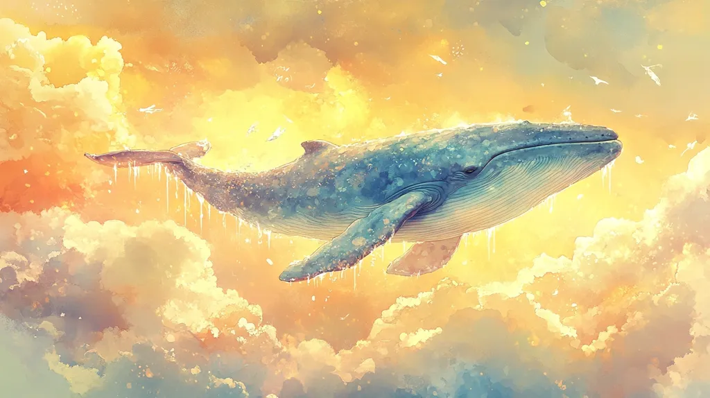 The image shows a blue whale swimming through fluffy white clouds in a sky painted with hues of yellow and orange. The whale appears to be floating effortlessly, with its body glistening and its tail trailing behind it. The sky is dotted with tiny specks of light, adding to the ethereal quality of the scene.  It's a whimsical and dreamlike image, suggesting the possibility of magic and wonder.