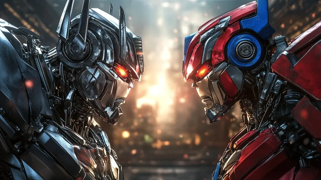 Two giant robots face off in a futuristic city. The robot on the left is metallic silver and has glowing red eyes. The robot on the right is red, blue, and silver with a menacing glare. Both robots are highly detailed and appear to be ready for battle. The background is blurry, suggesting a sense of movement or chaos.