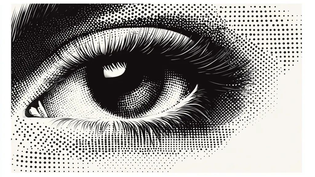 The image shows a close-up of a woman's eye, rendered in black and white with a halftone effect. The eye is partly open, with long eyelashes and a hint of the surrounding skin. The halftone pattern gives the image a vintage, graphic novel aesthetic.