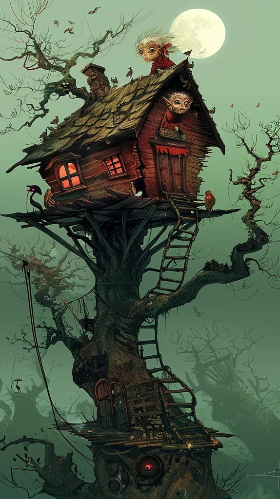 A whimsical treehouse, built into the branches of a gnarled, ancient tree, sits against a misty green background. The treehouse is made of weathered wood, with a red roof and windows. Two whimsical creatures, with pointed ears and large eyes, look out from the windows. A full moon shines brightly in the sky. The scene is surreal and enchanting.