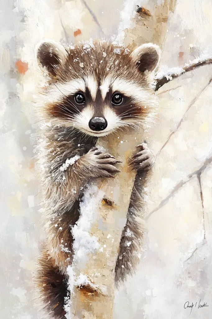 The painting depicts a raccoon, likely a juvenile, clinging to a birch tree in a snowy environment.  The raccoon has a playful, curious expression, its black eyes wide with wonder.  The artist uses soft, warm colors to create a sense of tranquility and peace. The snow-covered tree and the delicate brushstrokes enhance the sense of winter's beauty.  The overall impression is one of quiet charm and the simple beauty of nature.