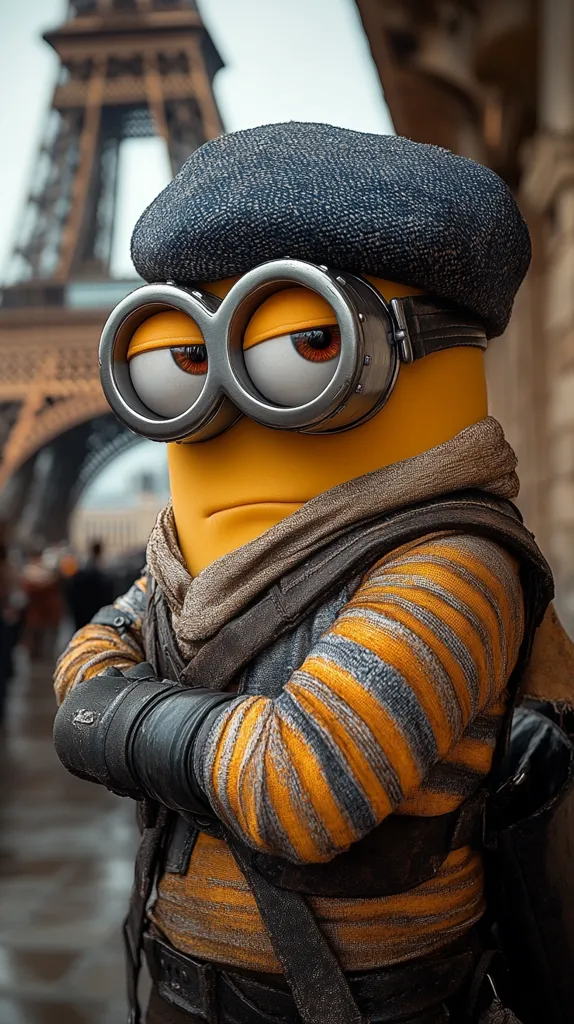 A Minion wearing a black beret, goggles, and a striped sweater stands in front of the Eiffel Tower, arms crossed. The Minion is dressed in a rough, almost military-style outfit, with a leather strap around his waist and black gloves on his hands.  The Minion appears to be looking off into the distance with a stoic expression on his face.  The background is blurry, but we can see a glimpse of the Eiffel Tower behind the Minion.