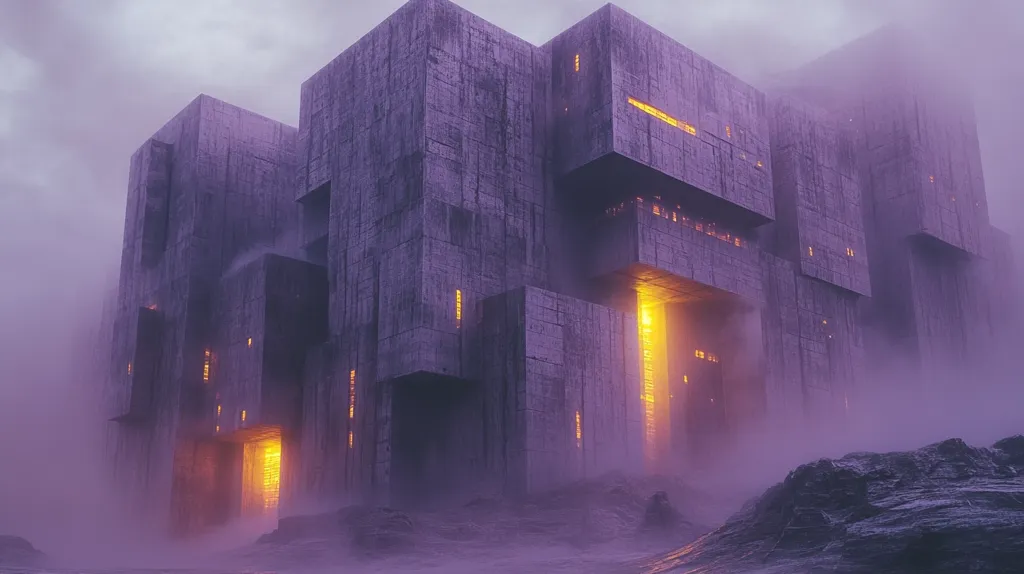 A large, monolithic structure, resembling a concrete fortress, stands shrouded in a thick purple fog. The building's geometric shapes and intricate details are barely visible, with only a few glowing windows and an open doorway casting a warm, orange light on the surrounding landscape. The overall atmosphere is one of mystery and intrigue, suggesting a hidden world or a forgotten civilization.