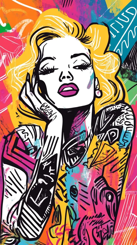 The image is a colorful, abstract portrait of a woman with a bold, graphic style. She has large, expressive eyes, bright red lips, and a whimsical hairstyle. The woman's arm is adorned with abstract black lines, creating a sense of movement and energy. The background is a vibrant mix of pink, yellow, blue, and green, adding to the dynamic and playful atmosphere. The image evokes a sense of fun, freedom, and individuality.