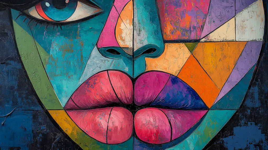 The painting depicts a close-up of a woman's face, focusing on her eye, nose, and lips. The style is abstract and geometric, with vibrant colors and bold lines. The eye is large and expressive, while the nose is defined by sharp angles. The lips are full and painted in a bright, bold pink. The background is a mix of blue, purple, and orange, creating a dynamic and visually interesting composition. The overall impression is one of strong femininity and captivating beauty.