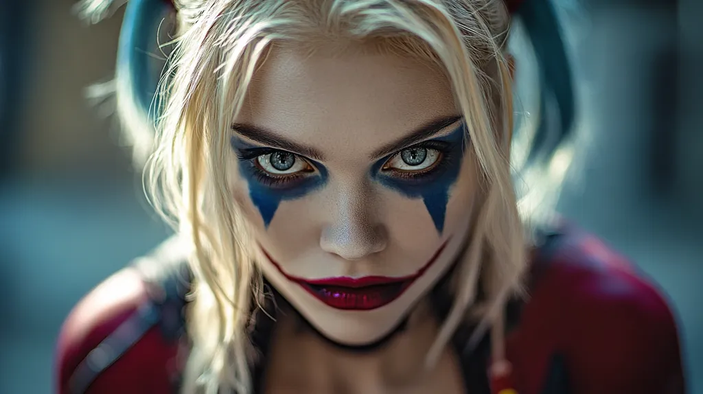 A woman with long blonde hair and blue and red makeup stares intensely at the camera. Her eyes are wide open and her lips are painted red. The background is blurred, creating a sense of focus on her face. The makeup and her expression give her a menacing and playful look.  Her eyes seem to hold a mixture of mischief and danger.