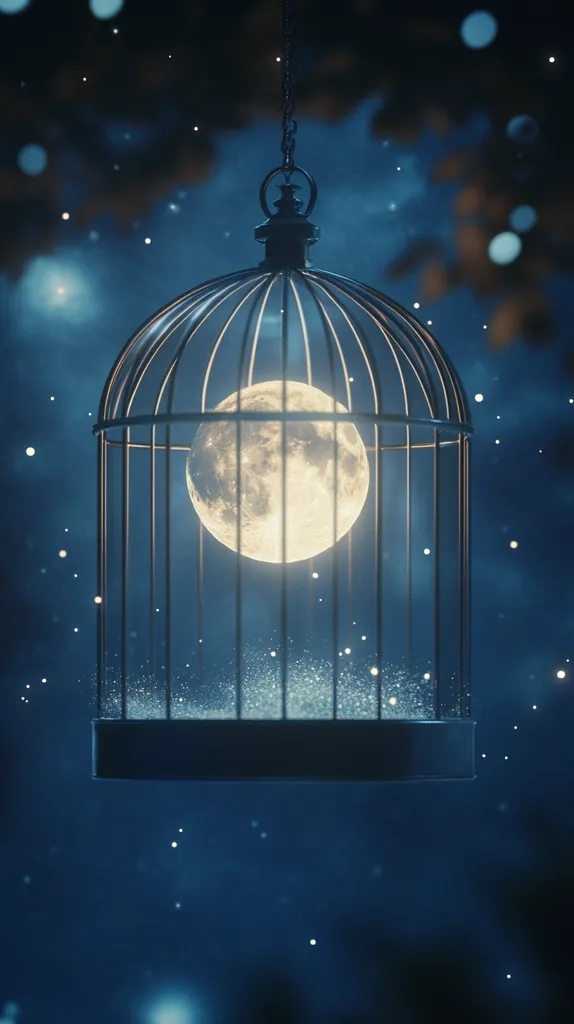 The image shows a birdcage hanging in the air, with a full moon trapped inside. The cage is made of dark metal bars, and the moon is glowing brightly. There are many small white dots scattered around the image, resembling stars. The background is a dark blue, creating a dreamy and ethereal atmosphere.