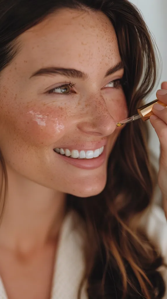 A young woman with long brown hair is smiling and applying a serum to her face. She is wearing a white robe and has freckles on her face. The image is close-up, focusing on the woman's face and the serum dropper. The lighting is soft and natural, highlighting the woman's features.