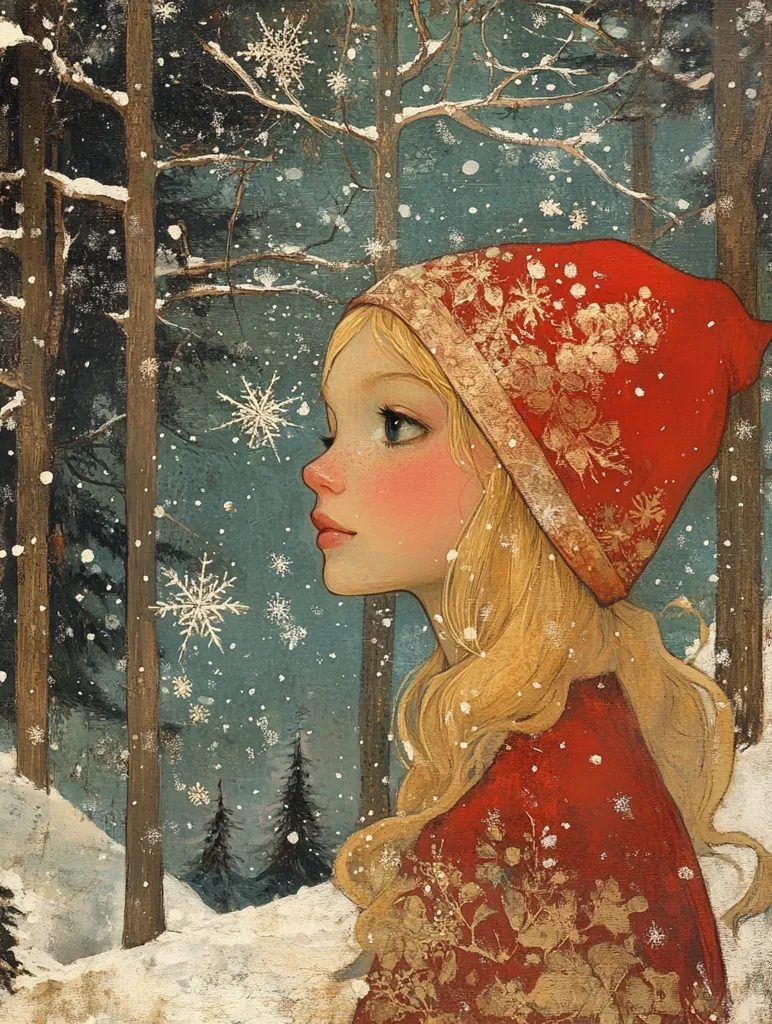 A young woman with long blonde hair, wearing a red hooded cloak with gold embroidery, stands in a snowy forest. She looks up at the falling snowflakes, her face filled with wonder and a hint of melancholy. The trees are bare and the ground is covered in white, creating a peaceful and serene winter scene. The artwork uses a soft, muted color palette and a detailed style, capturing the beauty of a quiet winter day.