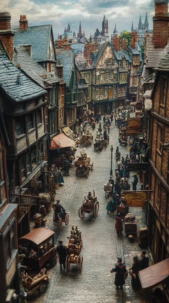 A cobblestone street lined with old, half-timbered buildings.  People walk among horse-drawn carriages and street vendors.  A church tower rises in the distance, beyond the rooftops.  The scene is bathed in a soft, overcast light, giving it a timeless, fairytale quality.