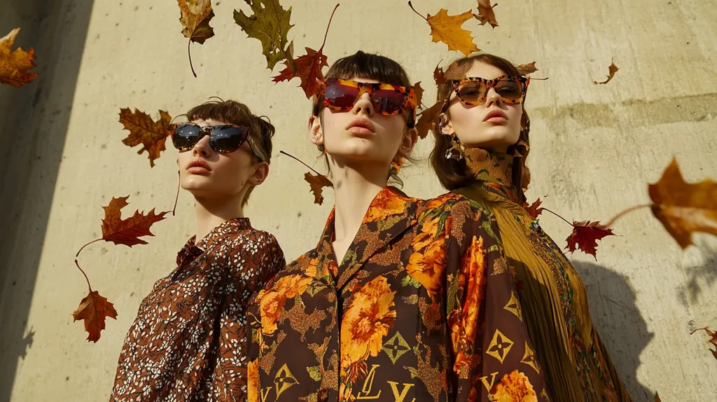 Three women stand in front of a wall, wearing sunglasses and floral patterned clothing. They are surrounded by falling leaves. They have a serious expression on their faces. The image captures the beauty of autumn and the chic style of the women.