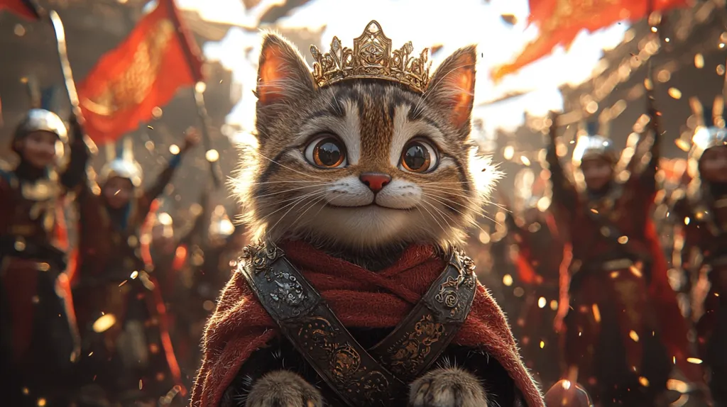 A cat, wearing a golden crown and a red and gold cape, stands in front of a cheering crowd. The cat is smiling and has large, expressive eyes. The background is blurred, but it appears to be a celebration or a parade. There are red flags in the background. The image suggests that the cat is a beloved or powerful figure.